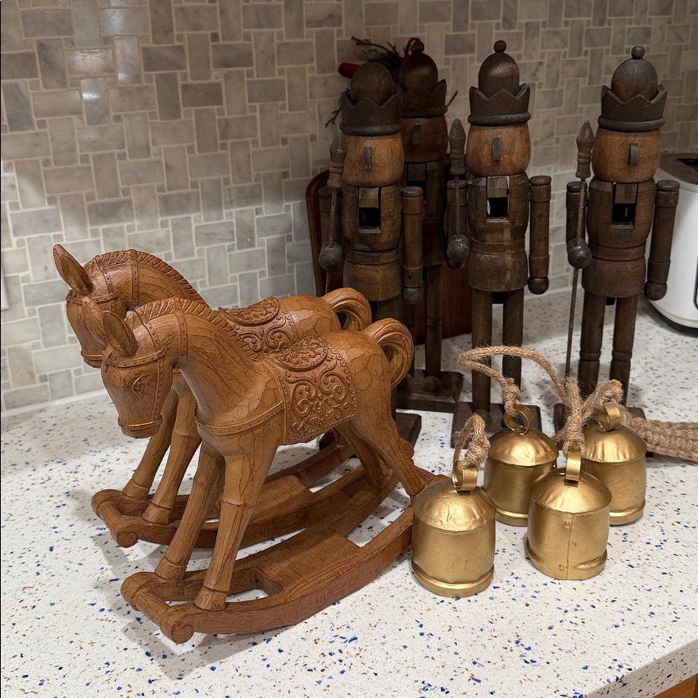 Wooden Rocking Horse and Nutcracker Set - Brown and Gold